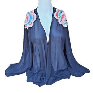 VTG Joan Rivers Black Chiffon Embroidered Flower Shoulders Open Front Top Sz 1X